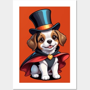 Cute Puppy Wearing a Top Hat and Cape Posters and Art